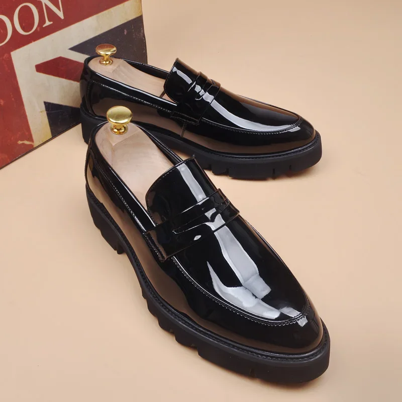 Men's Wedding Party Dress Patent Leather Shoes Man Slip-on Lazy Shoes Men Black Trend Platform Loafers Gentleman Shoes for Men