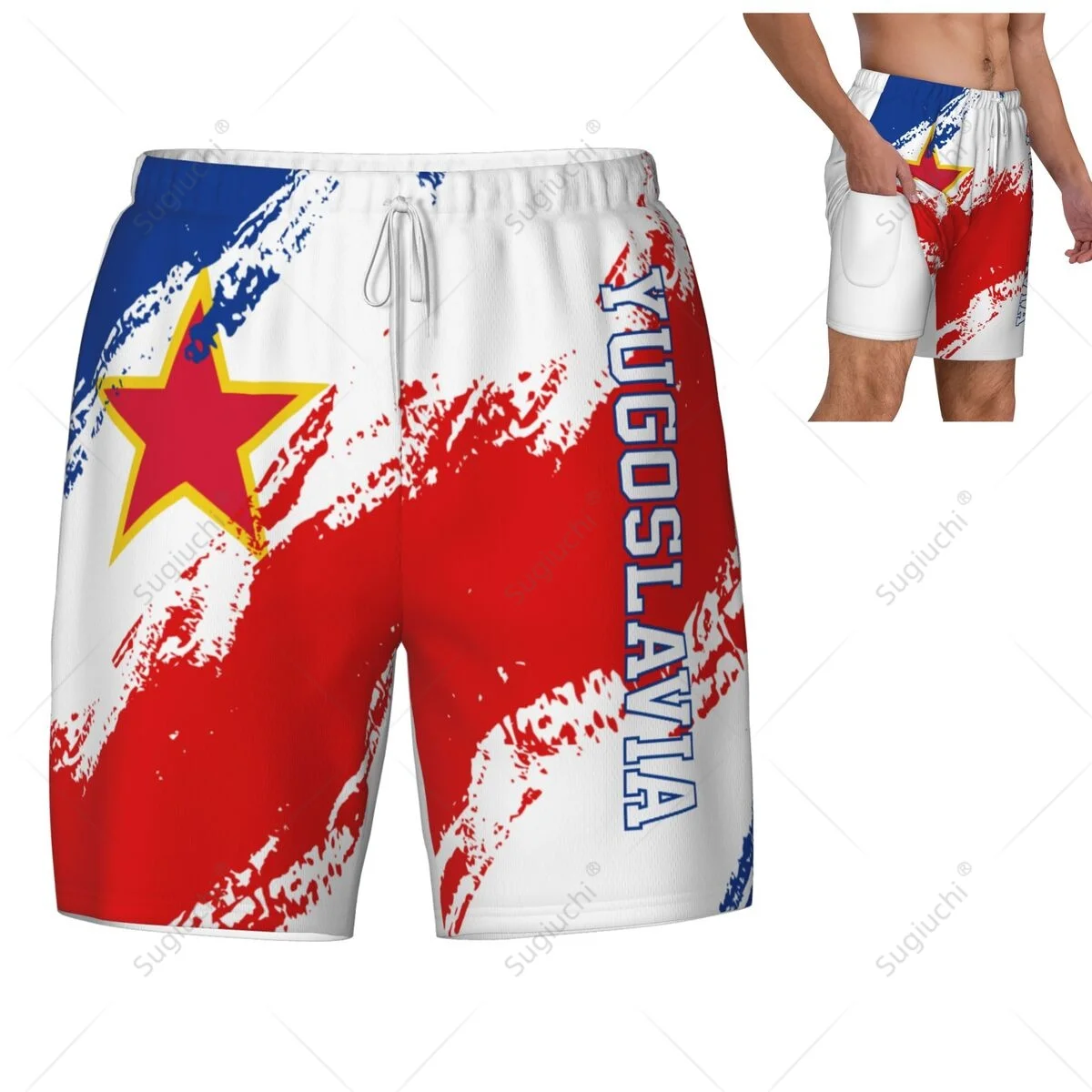 

Yugoslavia Flag 3D Mens Swimming Beach Surfing Pants Swim Shorts Trunks Compression Liner 2 in 1 Quick-Dry