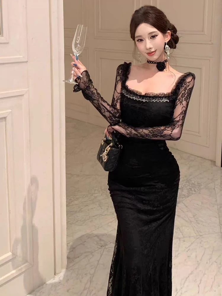 Abito da sera elegante per celebrità da donna Lady Sexy Sheer Lace Diamond Flower Fishtail Robe Femme Backless Party Banquet Vestidos