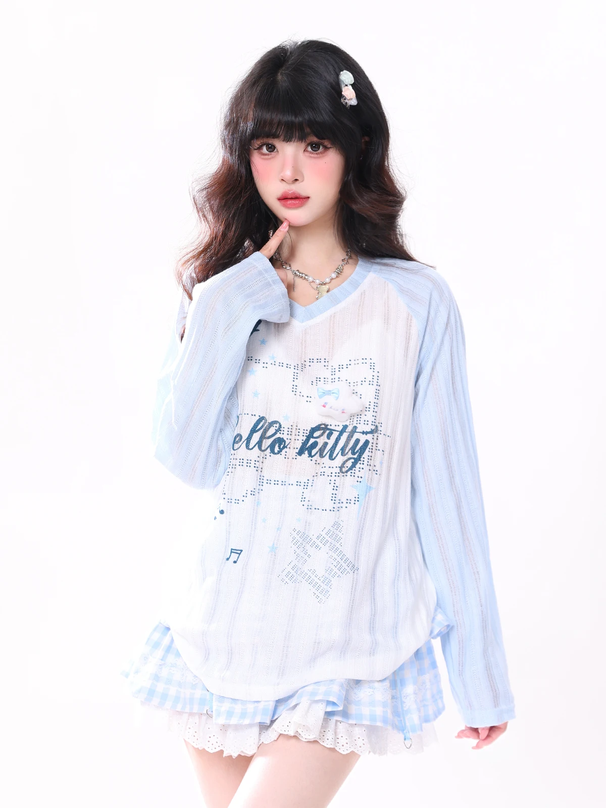 

Cute Print Long Sleeve T-Shirt Women's New Design Loose Micro Translucent UV Protection Cover Summer Polyester V-neck