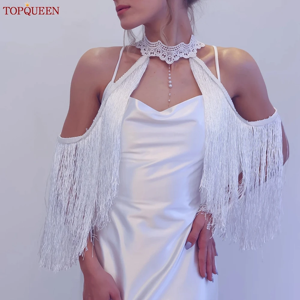 TOPQUEEN Lace Tassel Wedding Shoulder Sleeve Strapless Wrap Jacket Bohemian Shawl Women\'s Party Dress Coverup Bridal Cape SG53