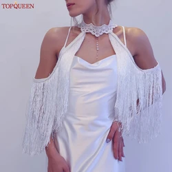 TOPQUEEN Lace Tassel Wedding Shoulder Sleeve Strapless Wrap Jacket Bohemian Shawl Women's Party Dress Coverup Bridal Cape SG53