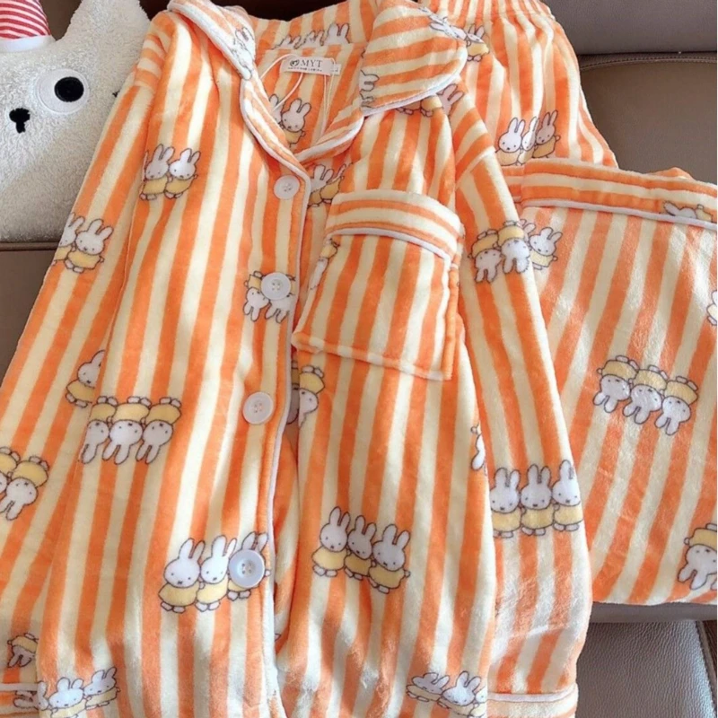 Cartoon Kawaii New Pajamas Flannel Stripes Simple Lounge Clothes Good Quality Comfortable Soft Fabric GoodLooks Breathable Miffy