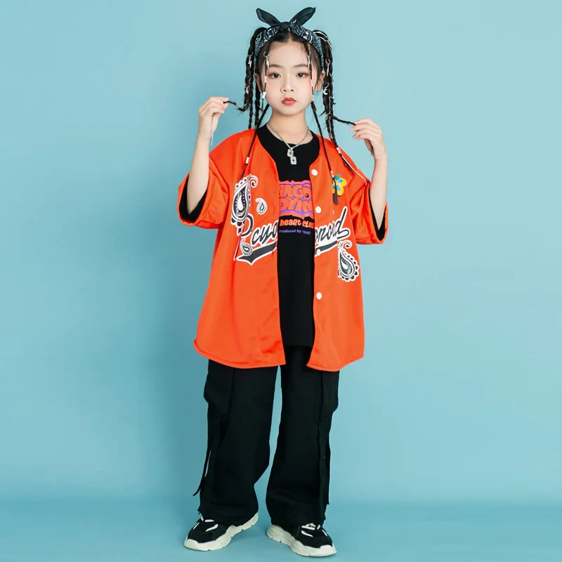 Kids Hip Hop Costume Orange Cardigan Baggy Pants Girls Street Dance Clothing Boys Kpop Costume Jazz Stage Show Wear 6 8 10 12 Y