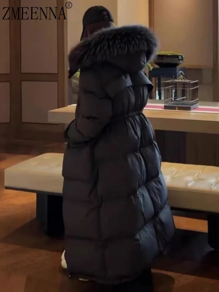 

ZMEENNA Women's Long Puffer Coat With Faux Fur Hood Adjustable Waist Winter Maxi Jacket Stylish Overcoat Cold Weather ZM3532