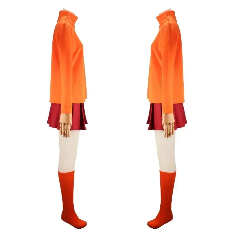 زي CyHalloween Velma زي تنكري برتقالي قصير تنورة موحدة للنساء جوارب برتقالية تنورة علوية مجموعة حفلات الهالوين