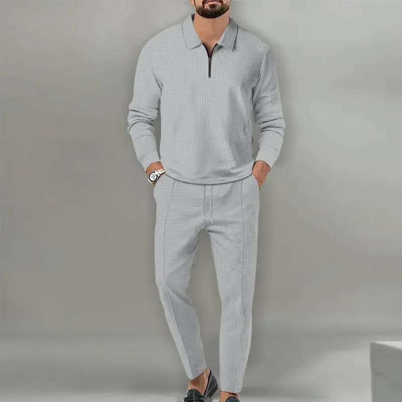 Men Waffle Knit Two Piece Set Half Zip Lapel Polo Shirt Long Pants Loose Casual Outfit