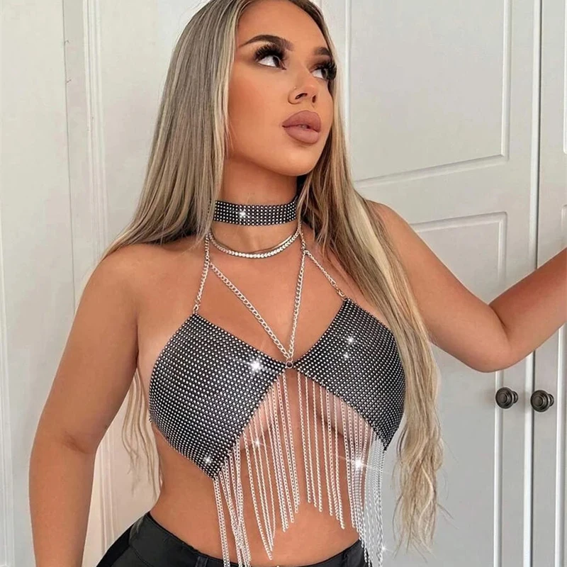 لامعة حجر الراين شبكة صيد السمك الجوف خارج شبكة البنطال القصير Y2K المرأة العصرية انظر من خلال شرابة حفلة التستر ليلة ملابس للنادي تانك القمم