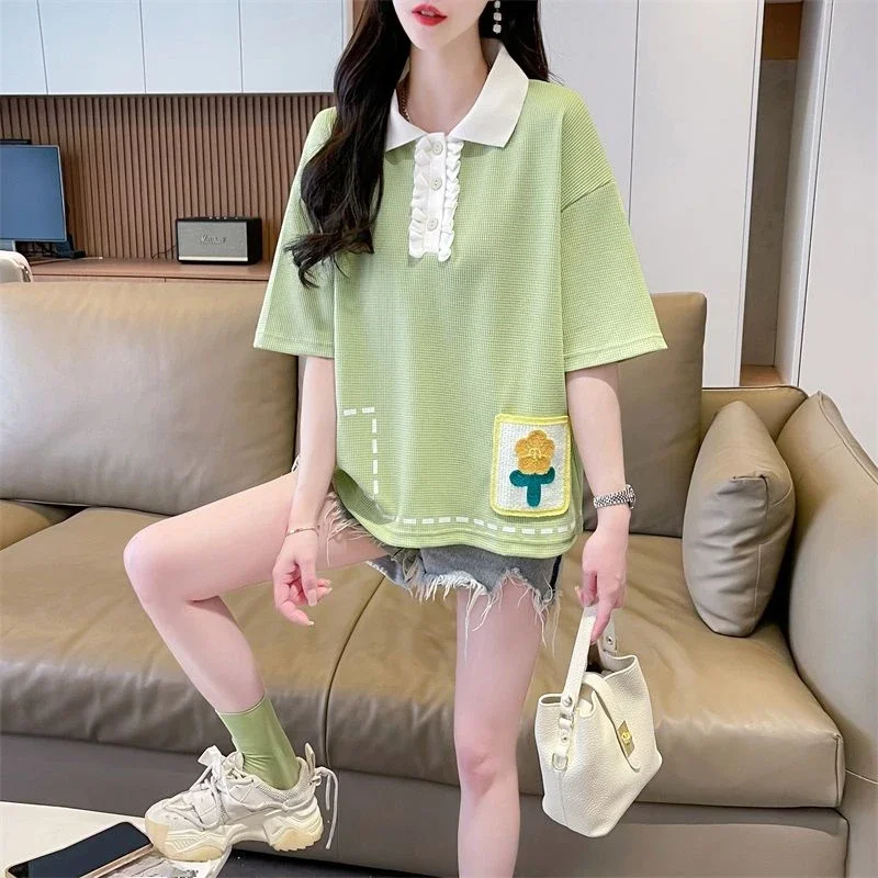 

Graphic Female Tee Women's Polo Shirts Embroidery Cute Short Sleeve T-shirt Fashion 2025 Korean Popular Clothes Cheap T-shirts
