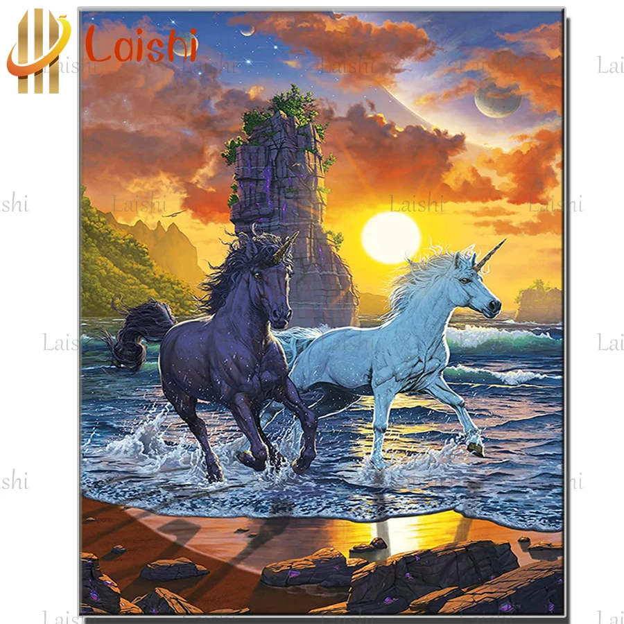 

5D square round stones Sunset black and white unicorn, natural landscape diamond painting mosaic diy pattern hobby needlework