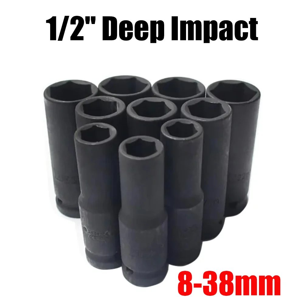Llave de Impacto Profunda de 8-38 mm y 1/2 Pulgada, Llave de Tubo Métrica, Cabezal de Llave de Tubo Estándar, Herramientas Duraderas para Reparación de Automóviles, Camiones y Vehículos