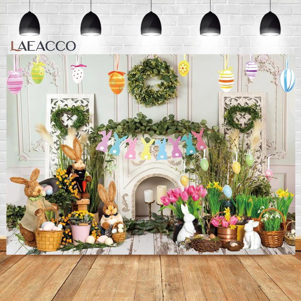 Easter Wood Board Backdrop Spring Garden Green Grass Colorful Eggs Bunny Baby Portrait Photography Background Photo Studio