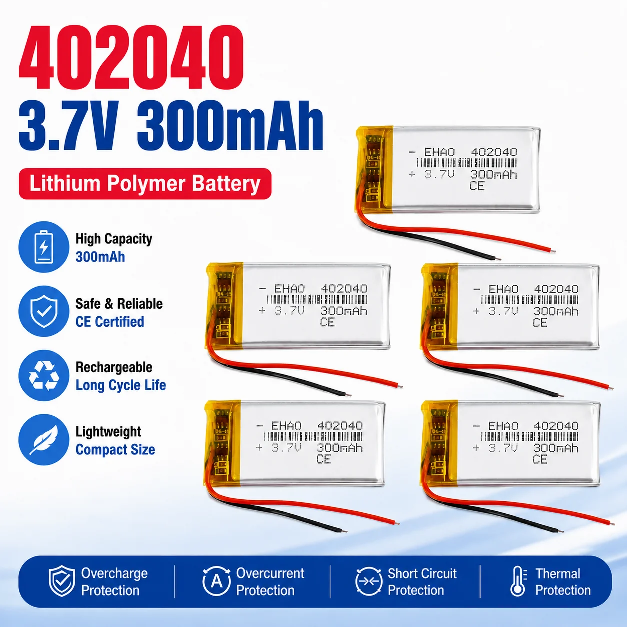 

3.7V 300mAh 402040 LiPo Rechargeable Battery – For Smart Watch, Fitness Bracelet, GPS, MP3 Player, Bluetooth Speaker