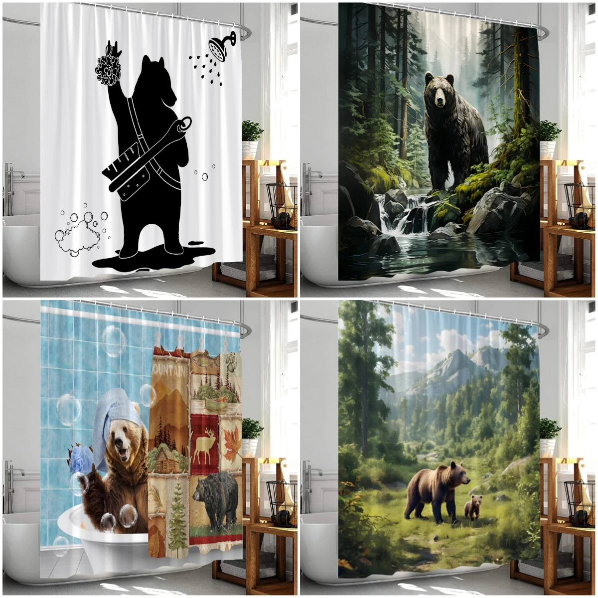 Brown Bear Shower Curtain Animal Print Bathing Bears Forest Trees Cabin Bathroom Decor Polyester Bath Curtain Cloth