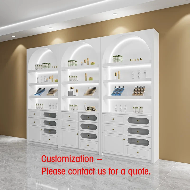 custom.Luxury Standing LED Cosmetic Display Stand Wooden Modern Glass Back Retail Use Multifunctional Customiz