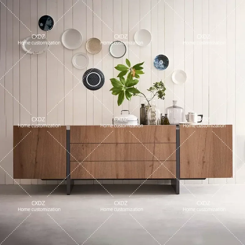 Minimalist Wooden Dining Side Cabinet Walnut Wall Locker Modern Simple Drawer Storage for Living Room Porch Household