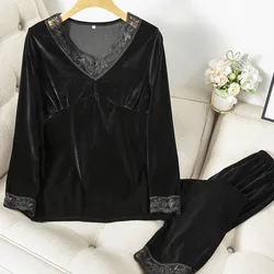 New Autumn Velvet Pajamas Set Long Sleeve Trouser Suits Sexy Lace Trim Sleepwear Pijamas Suit Loose Casual Home Wear Loungewear