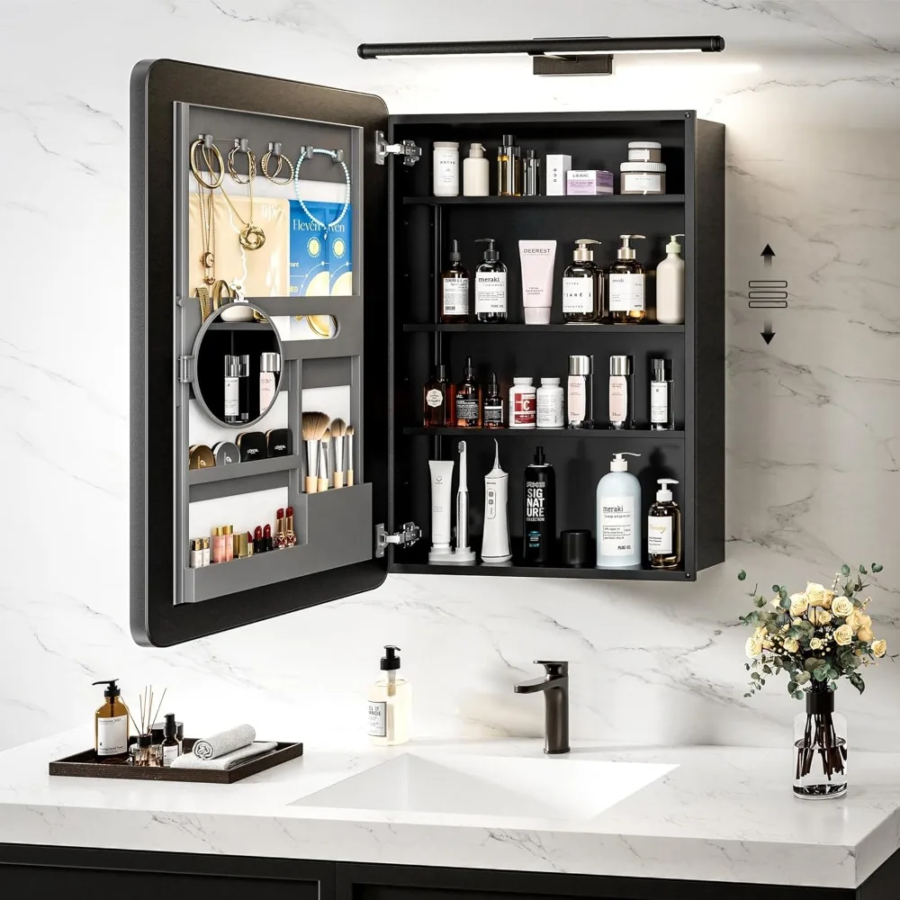 Medicine Cabinet Mirror 20x26 Aluminum Adjustable Shelves Makeup Storage Recessed Surface Mount Soft Close Matte Black