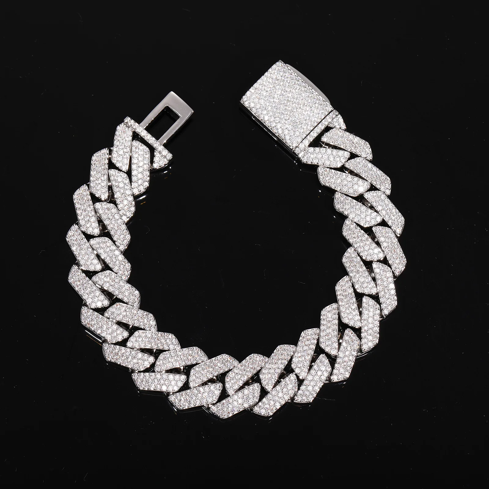 PT950 Platinum 16mm 3-Row Rhombus Bracelet suitable for men and women, orderly artificial diamonds deliver powerful visual aura