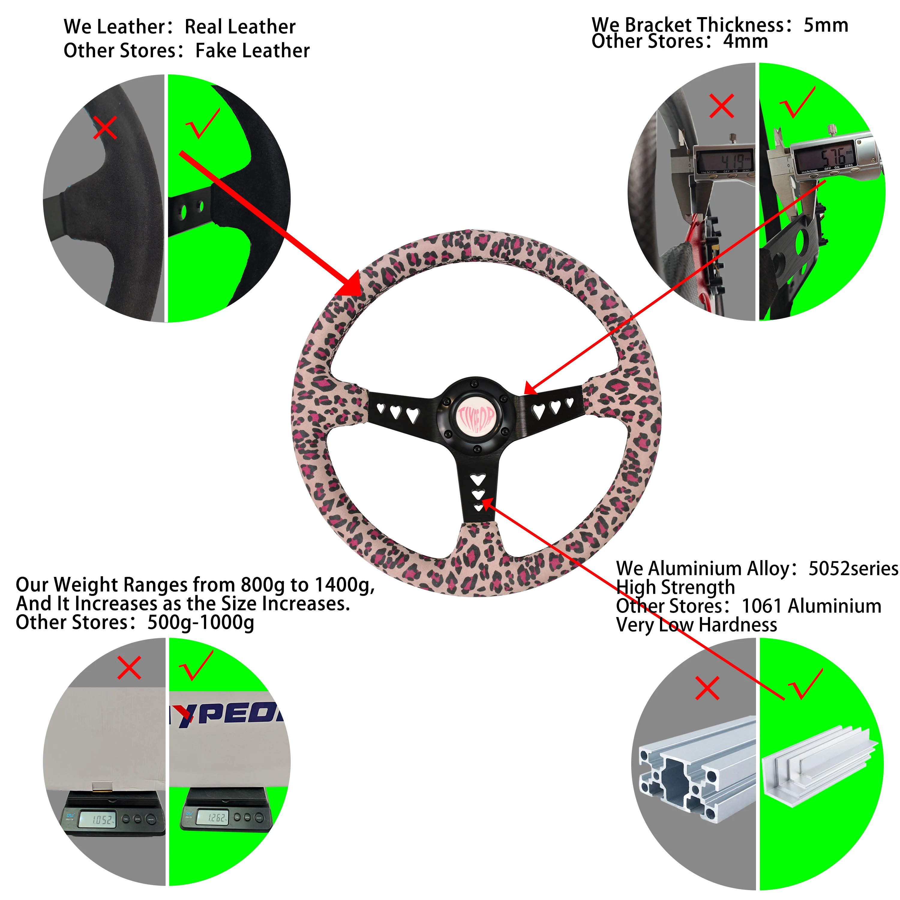 JDM style 350mm pink heart steering wheel custom embroidery steering wheel Heart-shaped Leopard Print Faux Fur Zebra Pattern