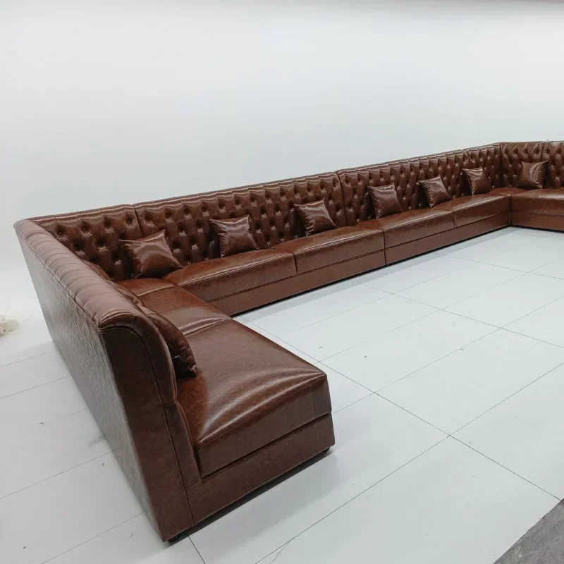 Sofá de couro de luxo leve americano, sala de estar, couro de primeira camada, sofá europeu de madeira maciça