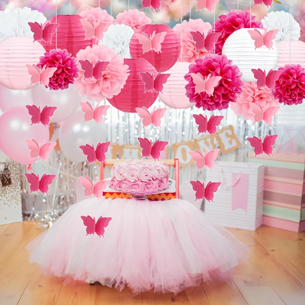

19pcs of Pink Paper Lanterns for Party Decoration, Tissue Pom Poms, Pink Butterfly Garlands, Hanging Paper Lanterns for Wedding