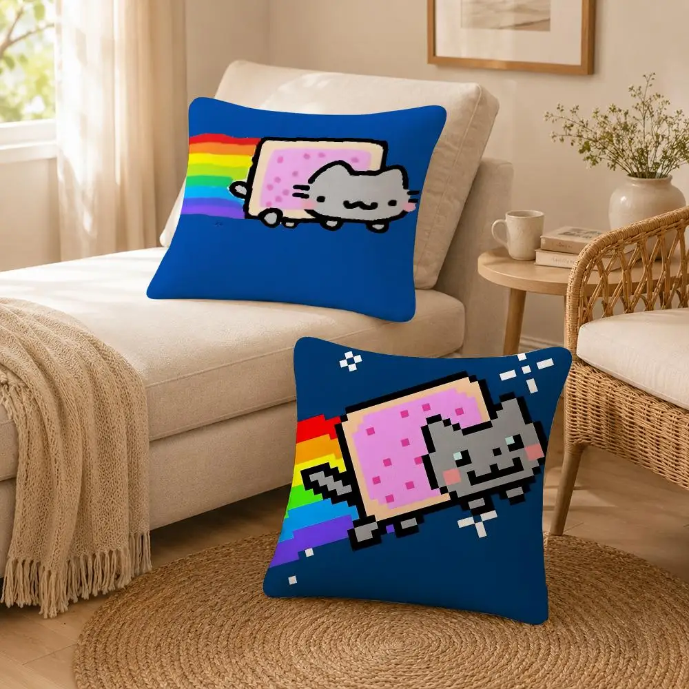 Meme Retro Rainbow Nyan Cat Cushion Cover Soft Throw Pillow Cover Washable Plush Cushion Case for Sofa Bed Living Room