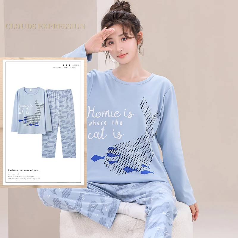 Conjunto de Pijama de dibujos animados para Mujer, ropa de dormir Kawaii, para estar en casa, para otoño