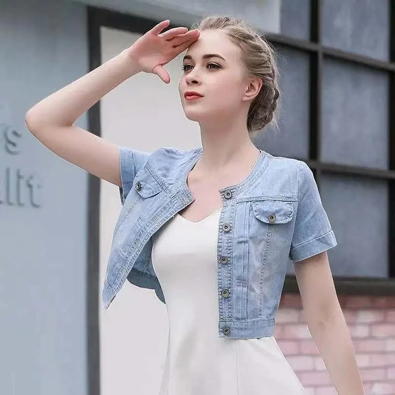 Plus Size S-6xl Women\'s Casual Denim Jacket Fashion Street Tops Outerwear Short Sleeved Women Coat Jacket Jaqueta Jeans Feminina