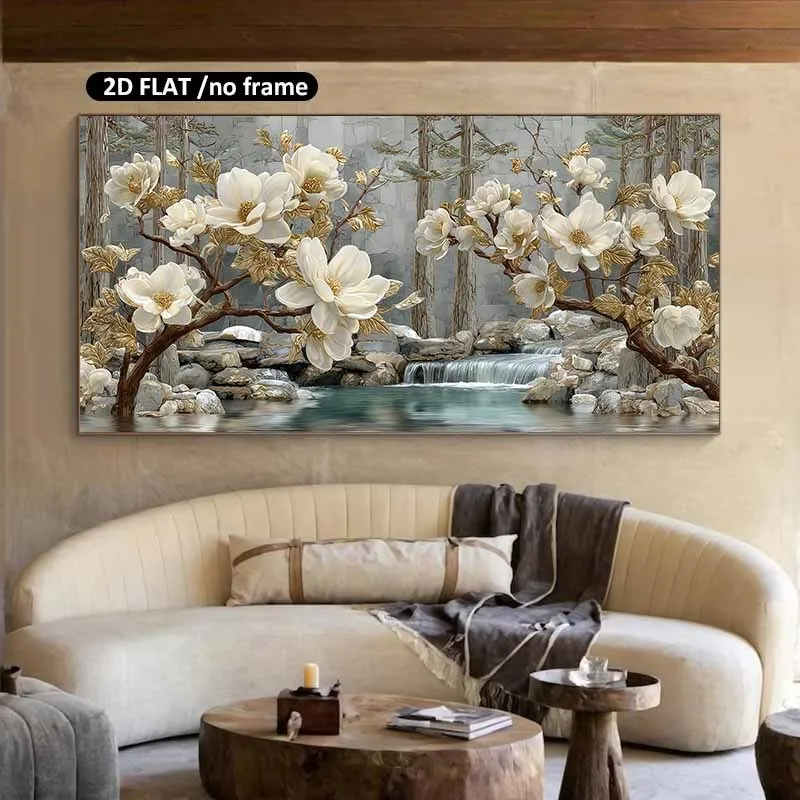 2D Flat,  Frameless Modern Canvas  Elegant White Magnolia Flowers with Golden Leaves Set in a Tranquil Forest Scene. Poster Is P