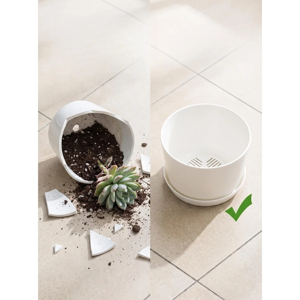 Plastic Container Set for Succulents with Two-Piece Design Including Pot and Matching Tray for Controlled Hydration