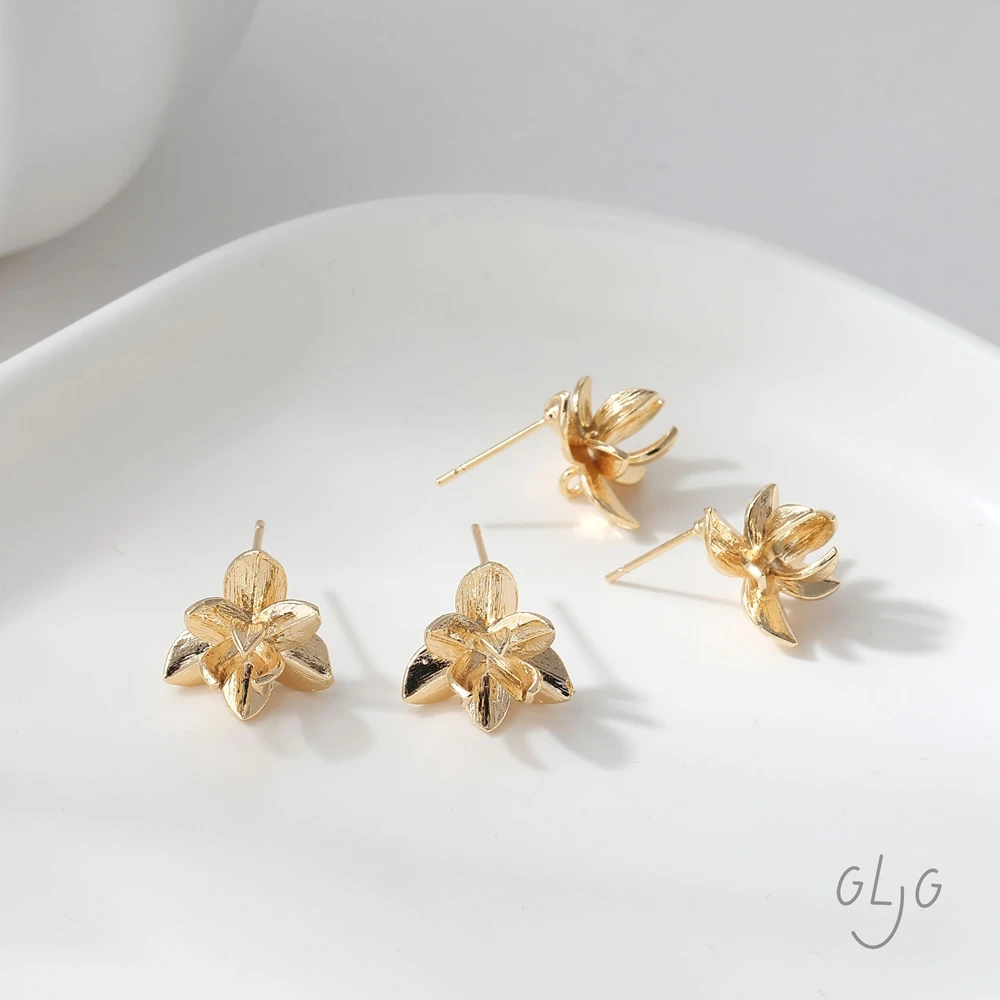 4PCS 14K Gold Plated Brass Vintage Petal Flower Earrings Stud Jewelry DIY Making Supplies Handmade Material Accessories