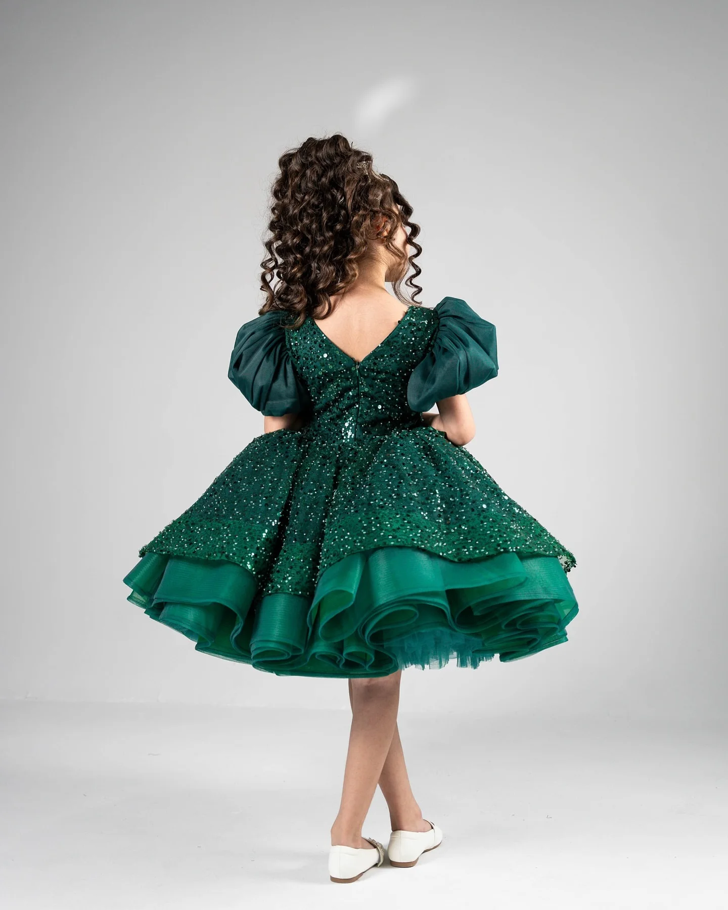 Emerald Green Toddler Pageant Dress Short Sleeves Sequin Flower Girl Dresses for Wedding Knee Length