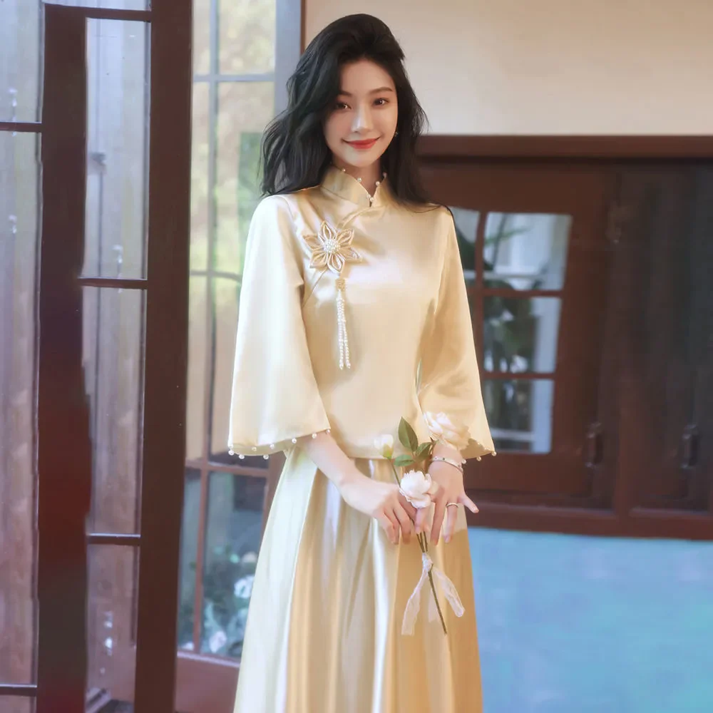 2026 Chic High-End Satin Bridesmaid Dresses Chinese Style for Women Spring Summer New Collection Annual Meeting Event Banquet Gr