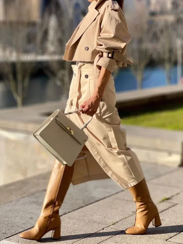 Fashion Two Piece Sets Outfits Office Lady Tracksuit Street Wear Cargo Set Long Sleeve Jacket and Wrap High Split Skirts Suit