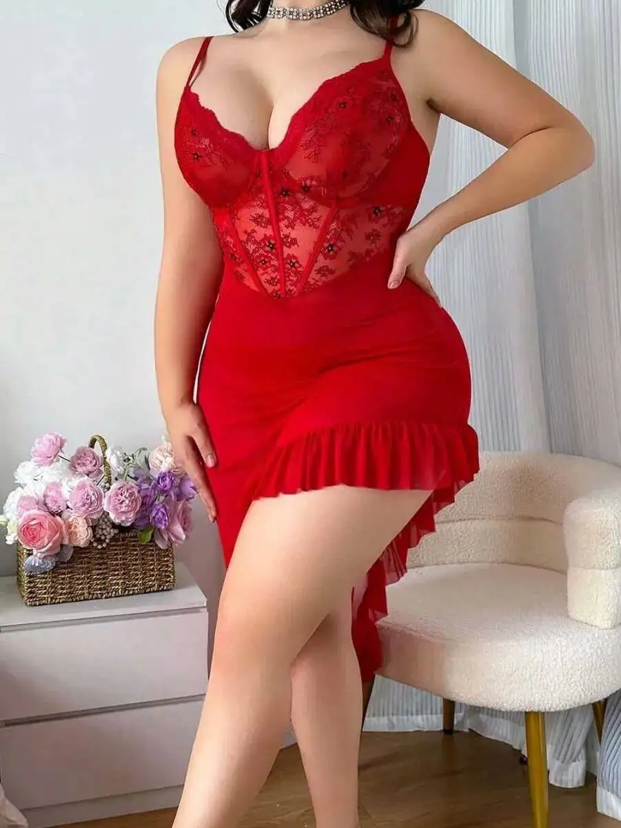Chemise de nuit en dentelle rouge grande taille, maille transparente, ourlet à volants, écharpe pour femmes, romantique, saint-valentin, vêtements de nuit séduisants, robe élégante 5GUX