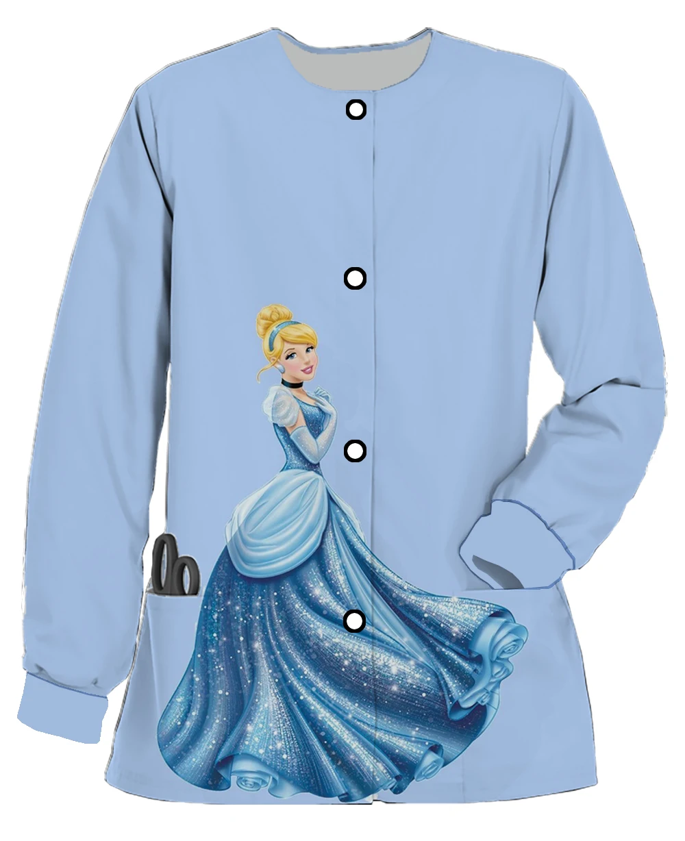 Ladies\' new work clothes, long-sleeved round-neck pocket cardigans, Disney series, Cinderella printed women\'s jackets