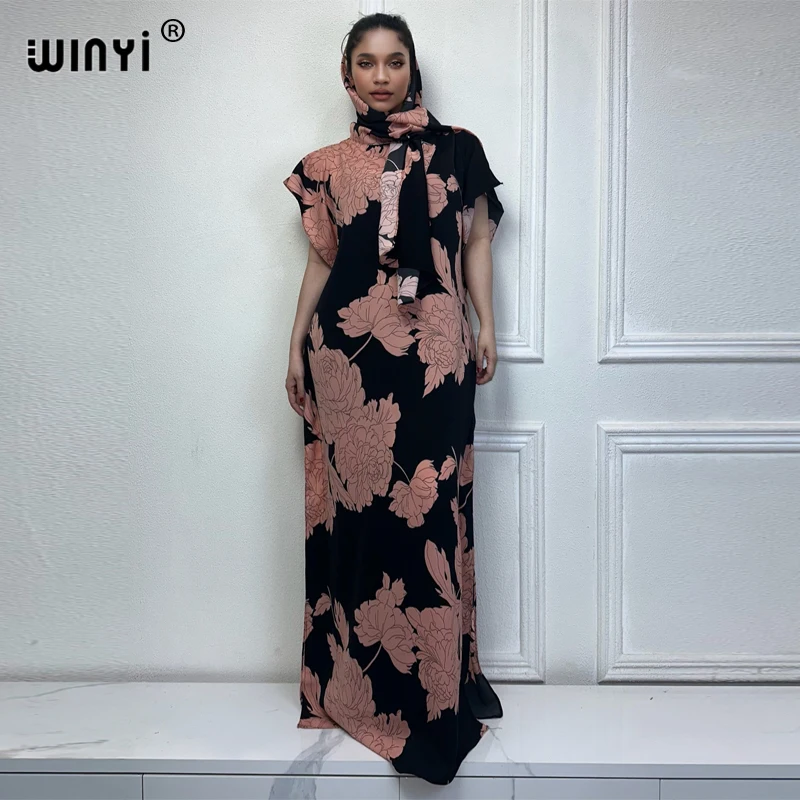 

WINYI African Women Dashiki boho print muslim woman abaya dubai luxury Design With Scarf Maxi dress Loose African long kaftan