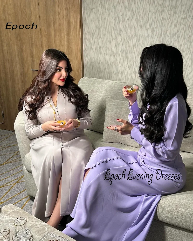 Epoch Long Satin Evening Dress 2024 New Arabia A-Line Elegant V-Neck High Split Full Sleeve Women Sexy Cocktail Party Prom Gown