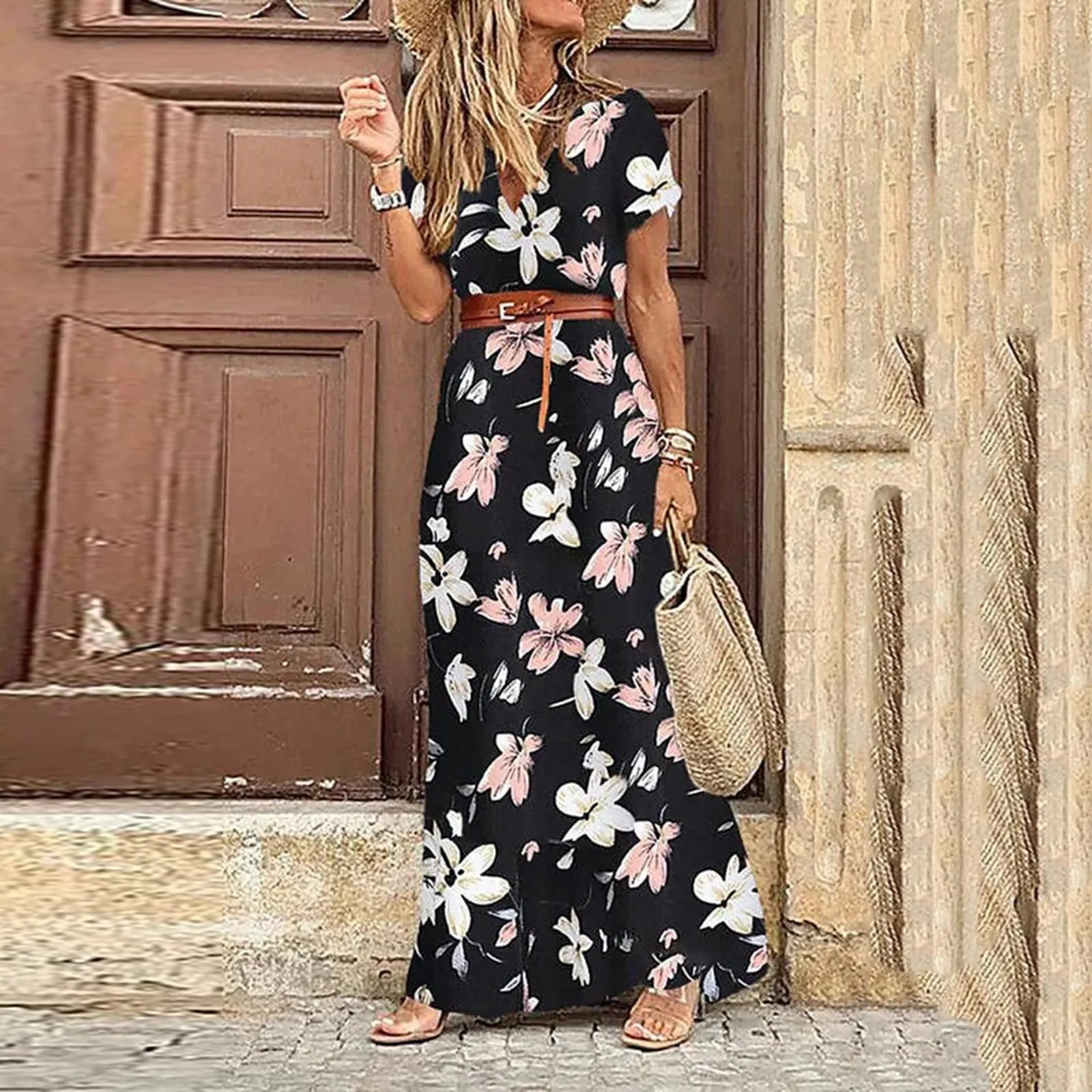 Women'S Short Sleeve Dress Floral Printed Stunning Exquisite Maxi Long Dress Ladies Boho Party Evening Casual Dress Vestidos