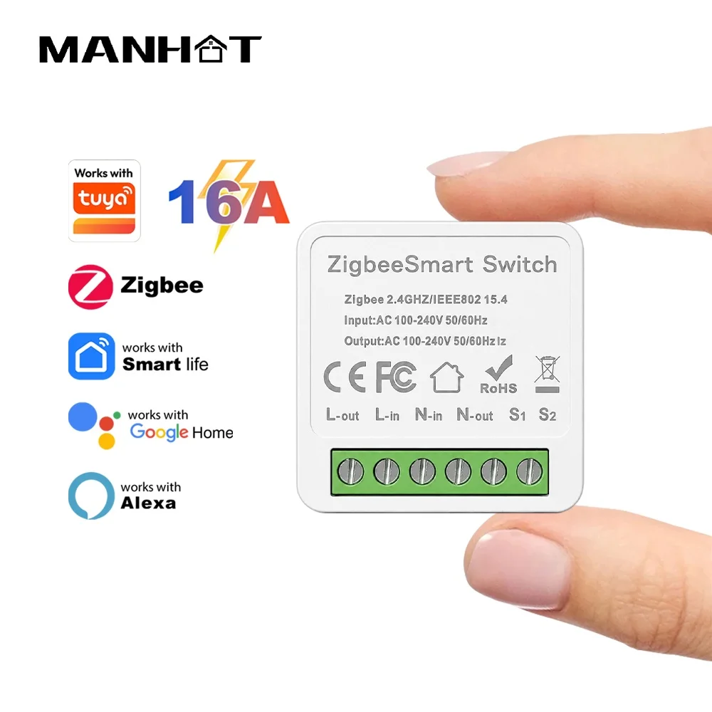 Manhot ZigBee 3.0 Switch Module 16A Smart Home DIY Light Switches Supports 2 Way Control Works with Tuya Alexa Google Home Voice