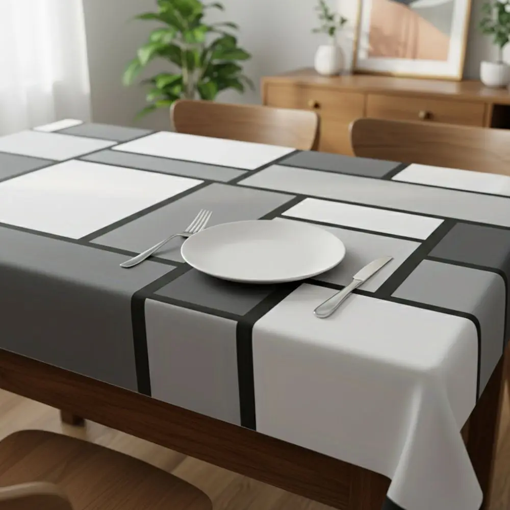 White Gray Contrasting Geometric Splicing Tablecloth Modern Simple Style Stain-resistant Table Cover Rectangular Non-slip