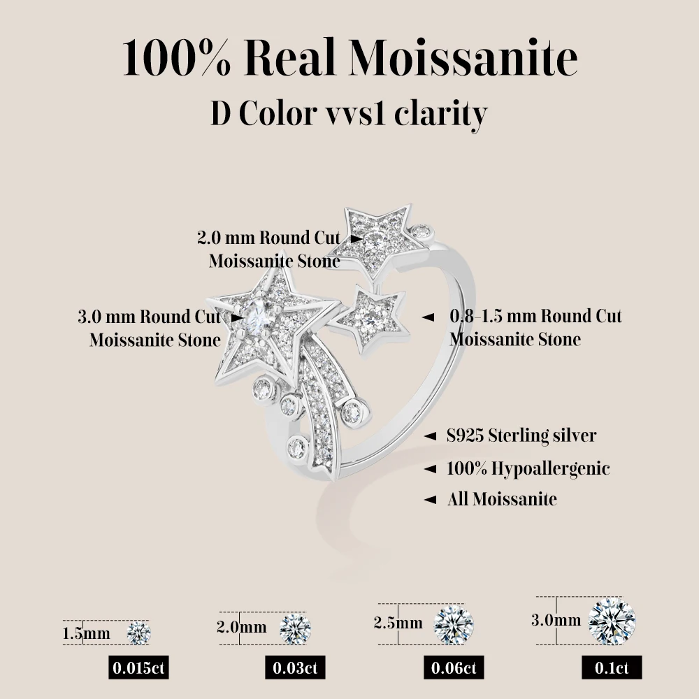 ATTAGEMS Light Luxury All Moissanite Star Rings 925 Sterling Silver for Women Unique Design With Lucky Genuine Fine Jewelry Gift