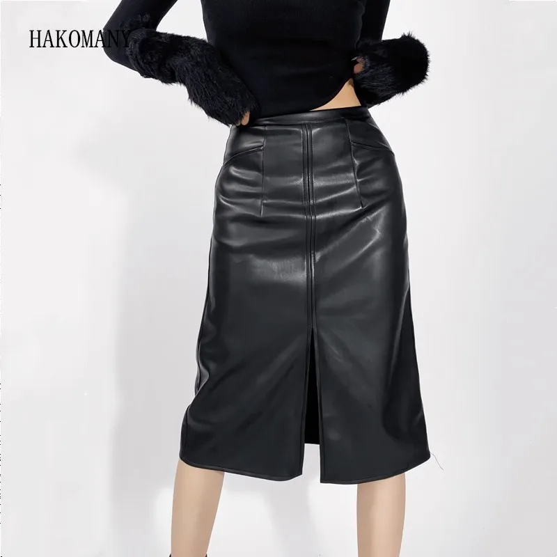 

2023 Sexy Black Front Slit Below Knee Length PU Leather Skirt Women Package Hips A-line Skirts