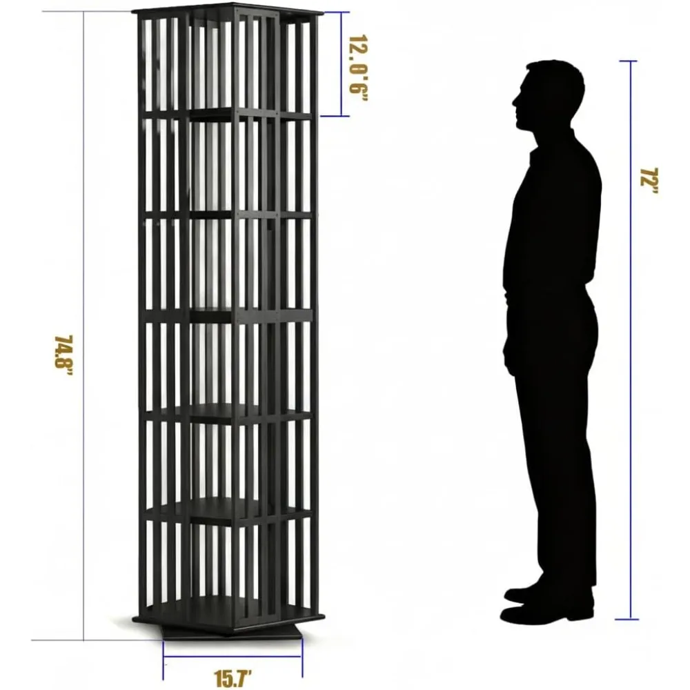 6 Tier 360 Rotating Bamboo Bookshelf, Revolving Bookcase Storage Rack, Black