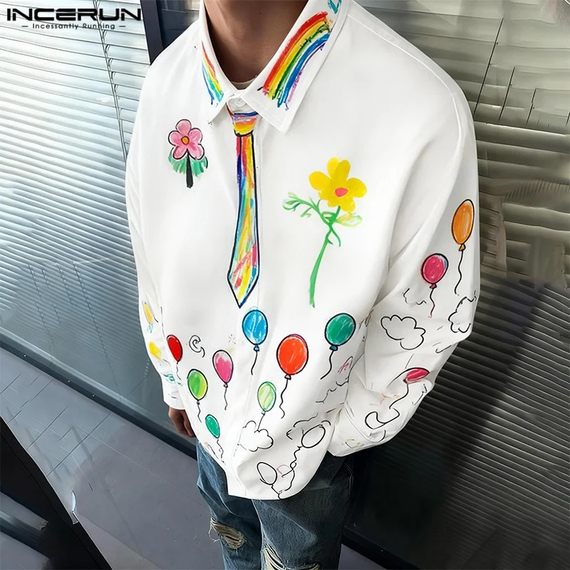 INCERUN Men Shirt Printing Lapel Long Sleeve Loose Men Clothing Streetwear Vacation 2026 Fashion Casual Tops Male Shirts S-5XL
