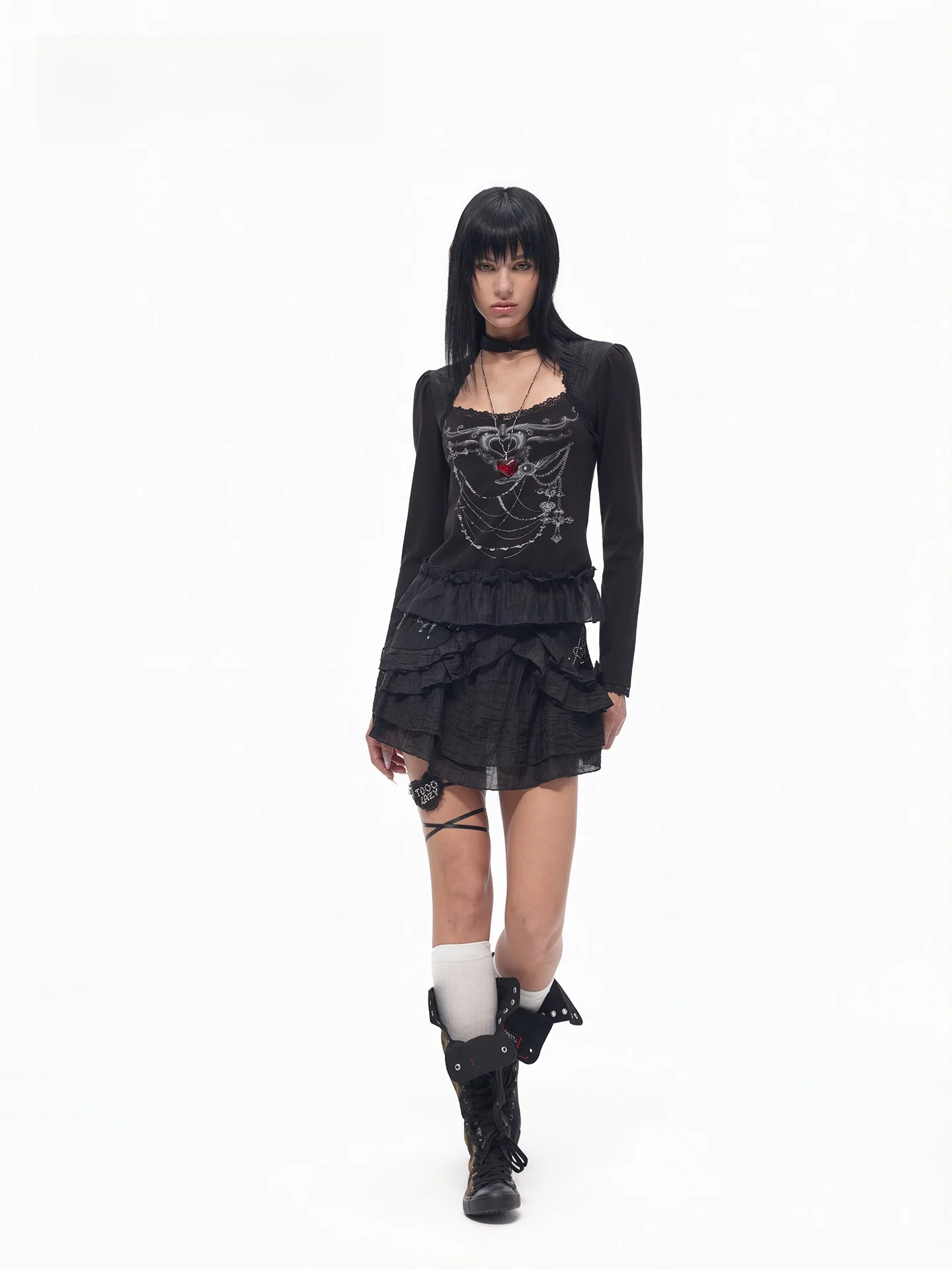 TOOOLAZY Dark Blue A-Line  Skirt with Lace Trim And Sequin Patchwork Women's Standard Waist Polyester Blend Skirt