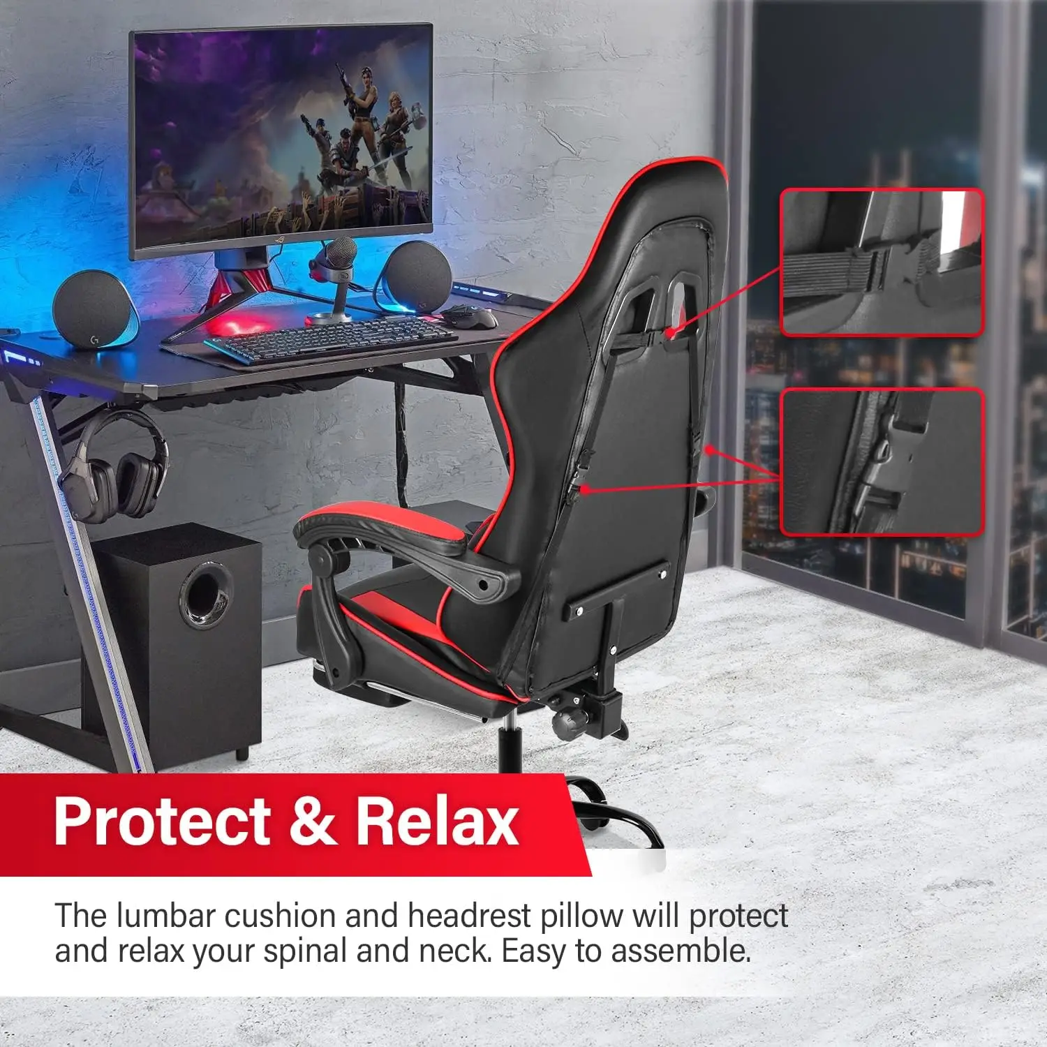 Silla reclinable giratoria y ergonómica para videojuegos, asiento con respaldo y altura ajustable para ordenador de oficina y carreras, color rojo y negro