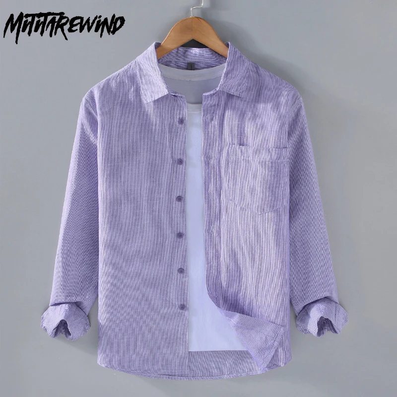 Harajuku Retro Yarn-dyed Cotton Linen Shirt Male Long Sleeve Spring Summer Breathable Tops Lapel Striped Purple Shirt Men Simple