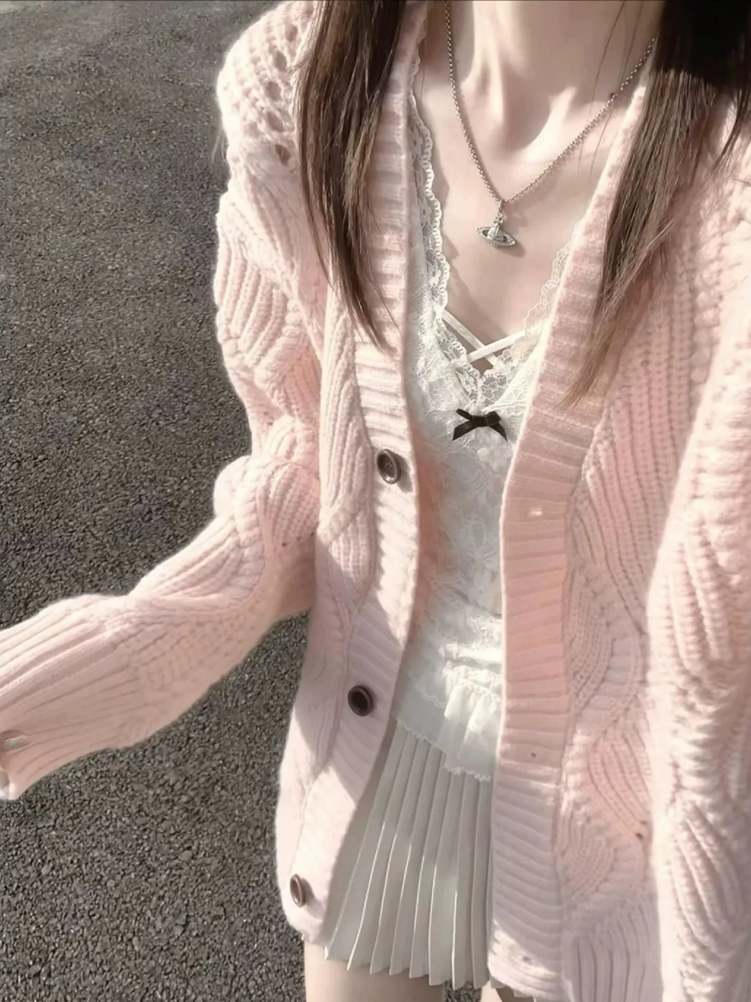 Loose Women's Pink Sweater Cardigan Soft Cozy Korean Style Fall Winter New Arrival V-neck Long Sleeve Casual High-end Feeling